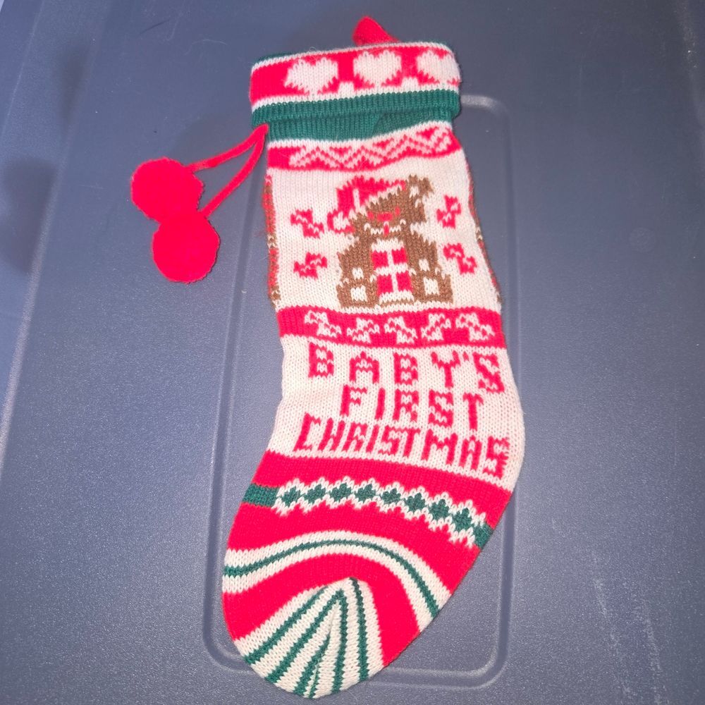 Vintage Baby's First Christmas Knit Stocking - Red, White & Green